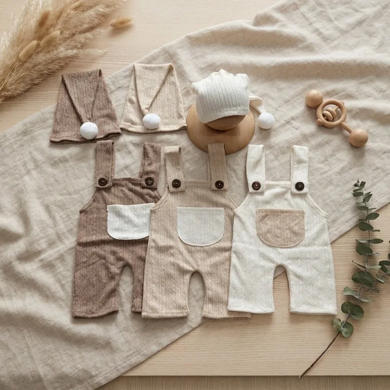 2Pcs Soft Knit Newborn Photography Props Set Pom Pom Sleeping Cap & Pocket Overalls Infant Baby Photo Shoot Outfit Accessories image 6