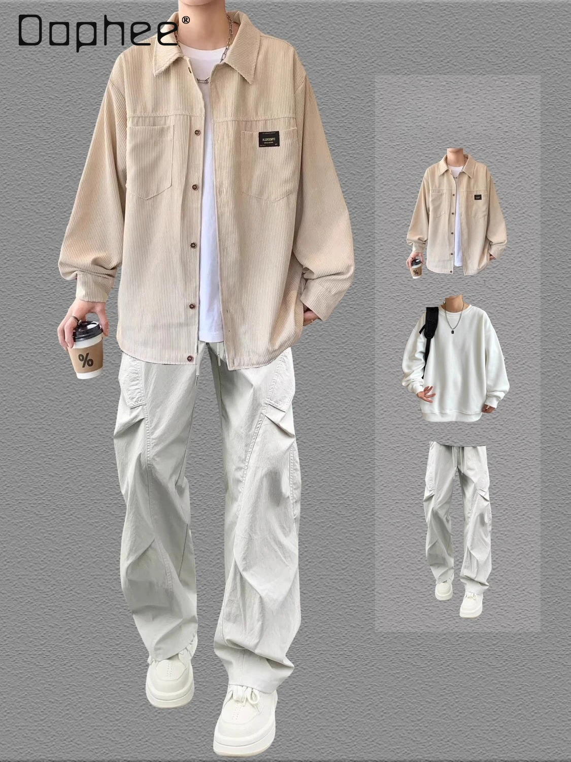 

Весна и осень 2024, новая мужская черная вельветовая рубашка цвета хаки, белый свитшот, светло-серые повседневные длинные брюки, комплект из трех предметов