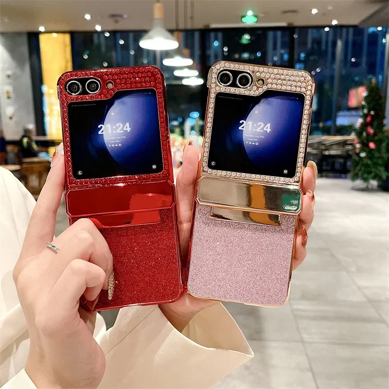 Rhinestone Glitter Bling Pu Leather Trim Phone Case For Samsung Galaxy Z Flip 6 5 4 3 5G Hinge Plating Plastic Back Cover