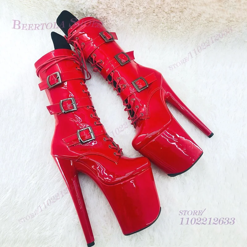 

Bright Red Patent Leather Belt Buckle 20Cm Calf Boots Women Platform Pole Dance Black Zipper Metal Leather Sandals Stiletto Shoe