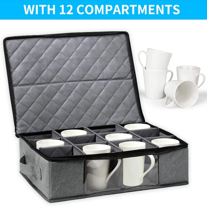 2X Mug And Cup Storage Box, Coffee Mug Organizer Tea Cup Storage Container, Glass Mug Storage Chest Case With Dividers