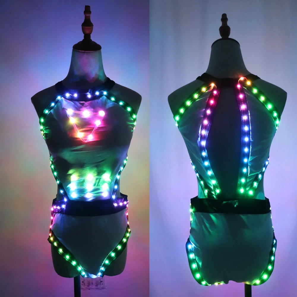 Full Color LED Light Club Dresses LED Sexy Bikini Bra Glow Dance Bar Nightclub GOGO Singer Performance Costume