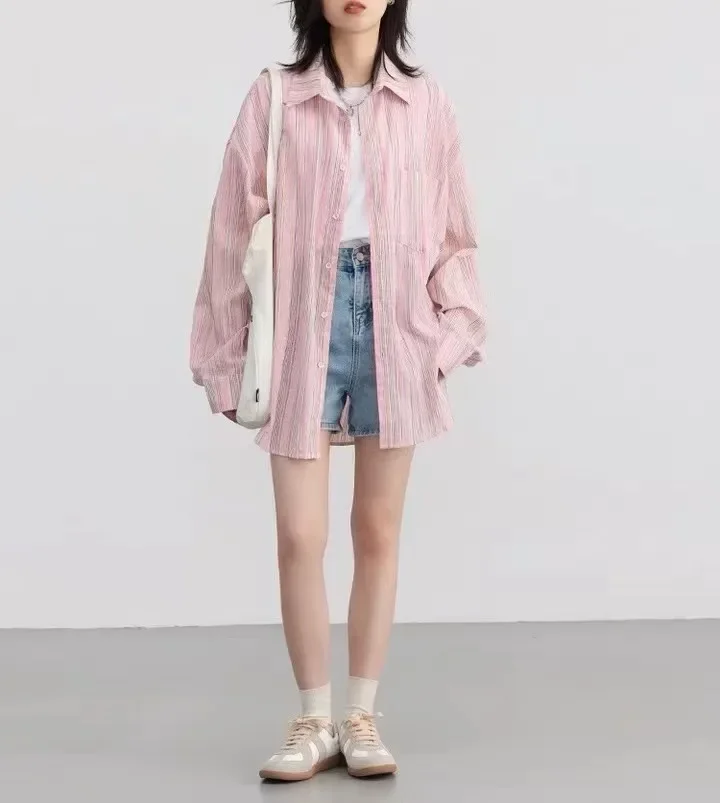 Fashion Women Shirt Loose Striped Pink Linen Blouses for Woman Long Sleeve Female Top Sunscreen Coat New 2025 Summer
