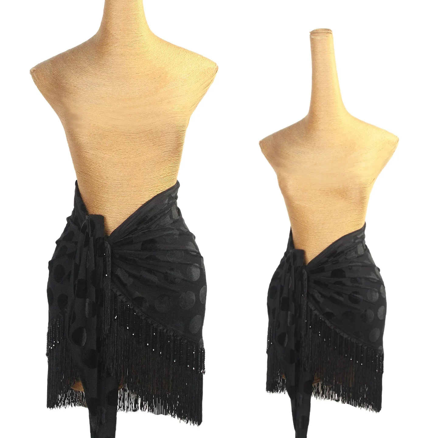 Spódnica do tańca latynoamerykańskiego, jednoczęściowa, z szarfą na biodra, damska, czarna, z koralikami i frędzlami, do ćwiczeń i występów Cha Cha, Rumba, Samba, DNV25949