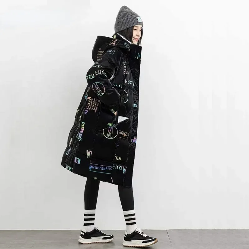 2024 neue Frauen Baumwoll mantel Winter jacke weibliche mittellange Version Parkas lose dicke glänzende Outwear Druck Kapuzen mantel