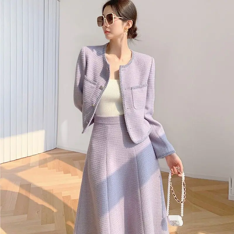 Fall and Winter Women\'s Skirt Suits Fashion Commuter Single-breasted Luxury Tops Jacket A-line Loose Skirt 2pcs Matching Set