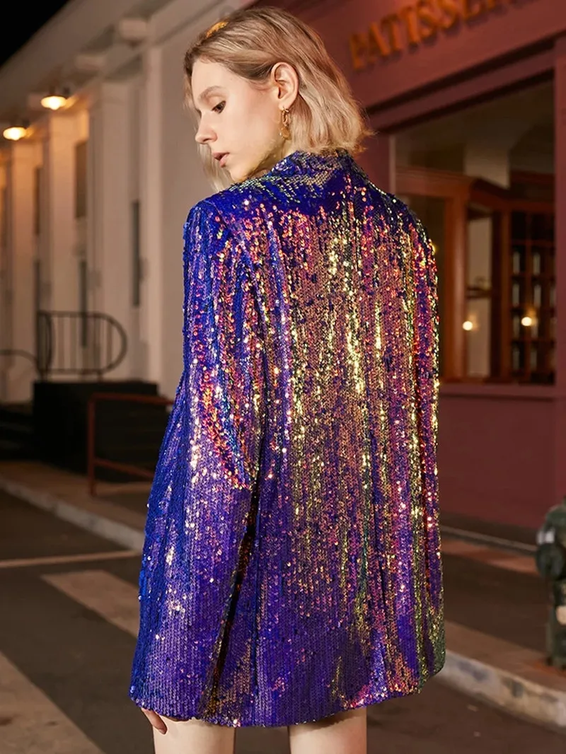 Female Velvet Purple Sequins Blazer Coat Fashion Loose Fit Single Button Casual Suit Jacket Sequined Tuxedo Blazers Streetwear