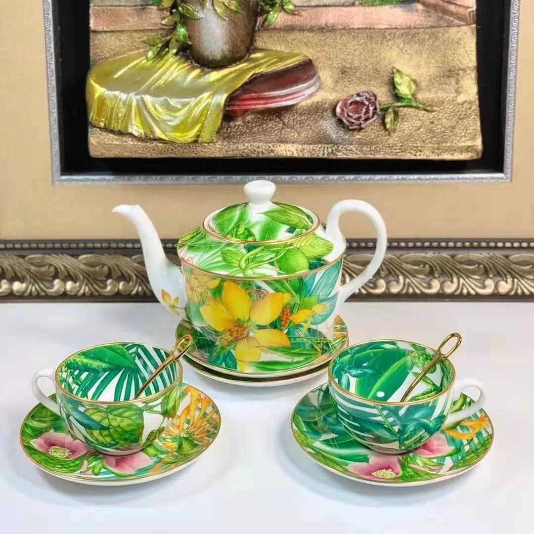 Tropical Rainforest Series Luxury Porcelain Coffee Tea Set, Wholesale 15pcs Ceramic Cup With Gift Box