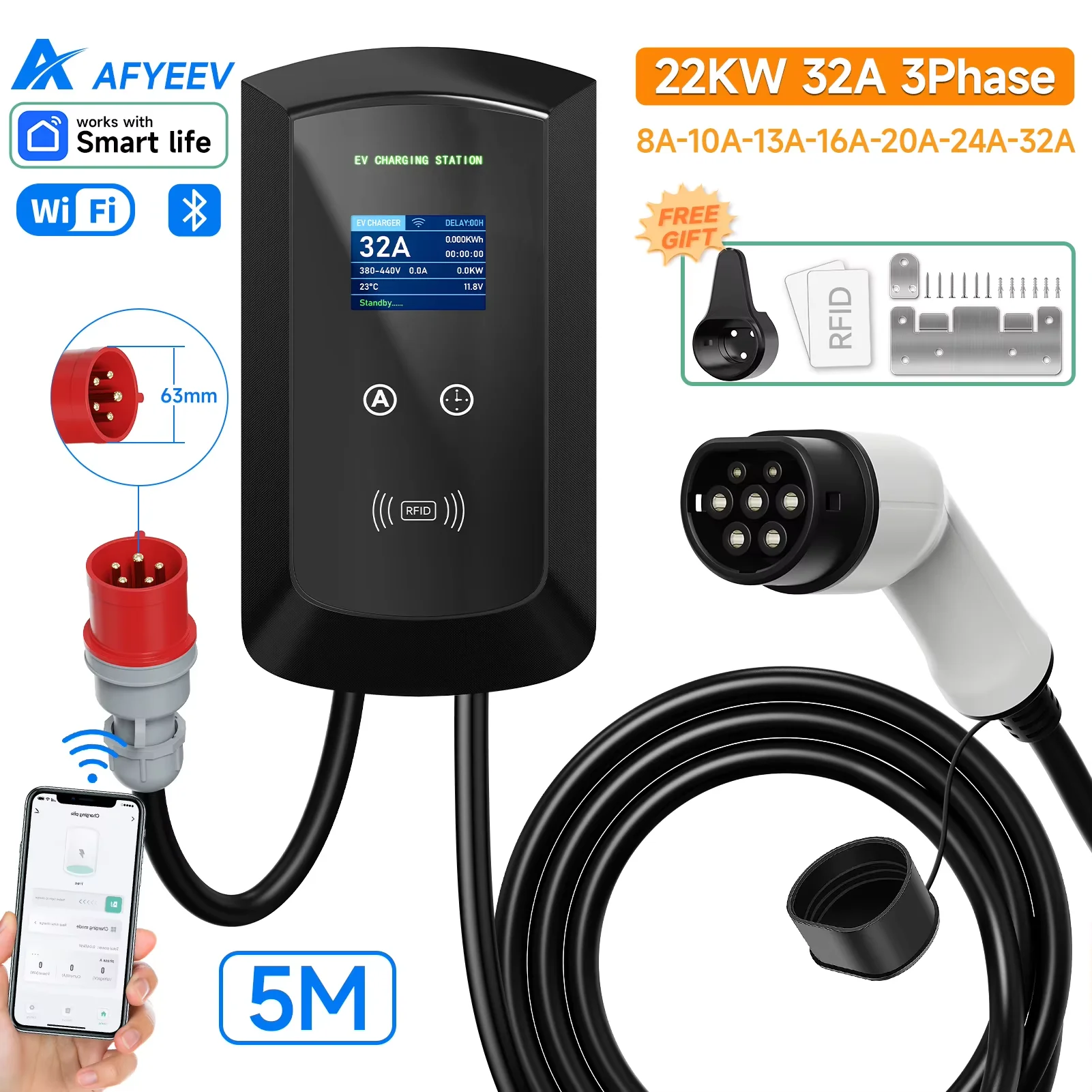 AFYEEV 32A EV-laadstation 22KW 3-fase autolader voor elektrische voertuigen 11KW Type2 IEC62196-2 EVSE Wallbox APP-bediening 5m kabel