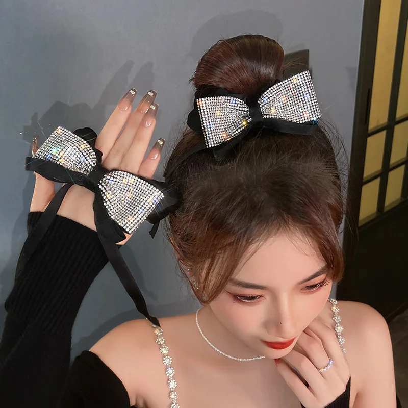 Elegant Bow Ribbon Scrunchies Fashion Ladies Simple Rhinestone Bow Wrap Hair Rope Design Korean Ponytail Girl Hair Accessories