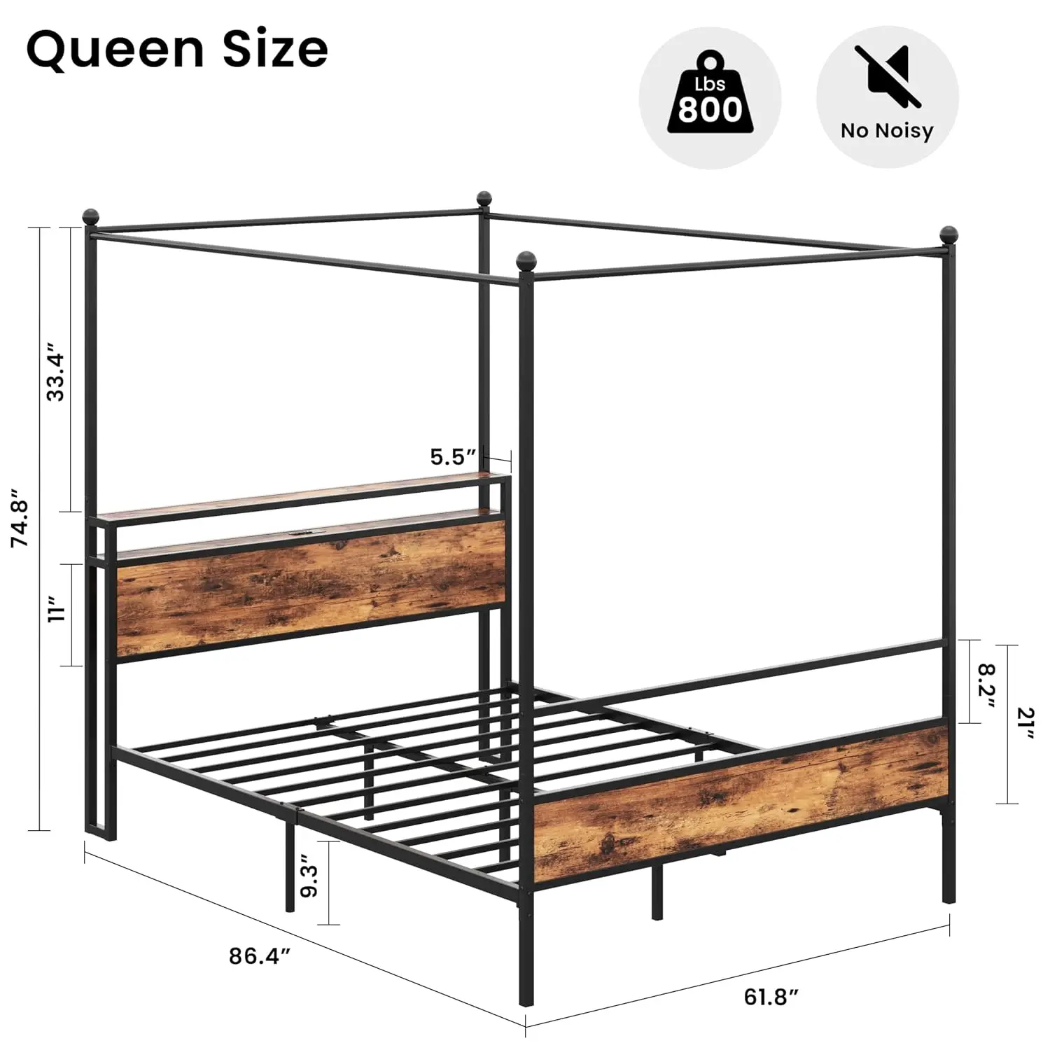 Queen Canopy Bed Frame with Storage Headboard & Charging Station, Customized