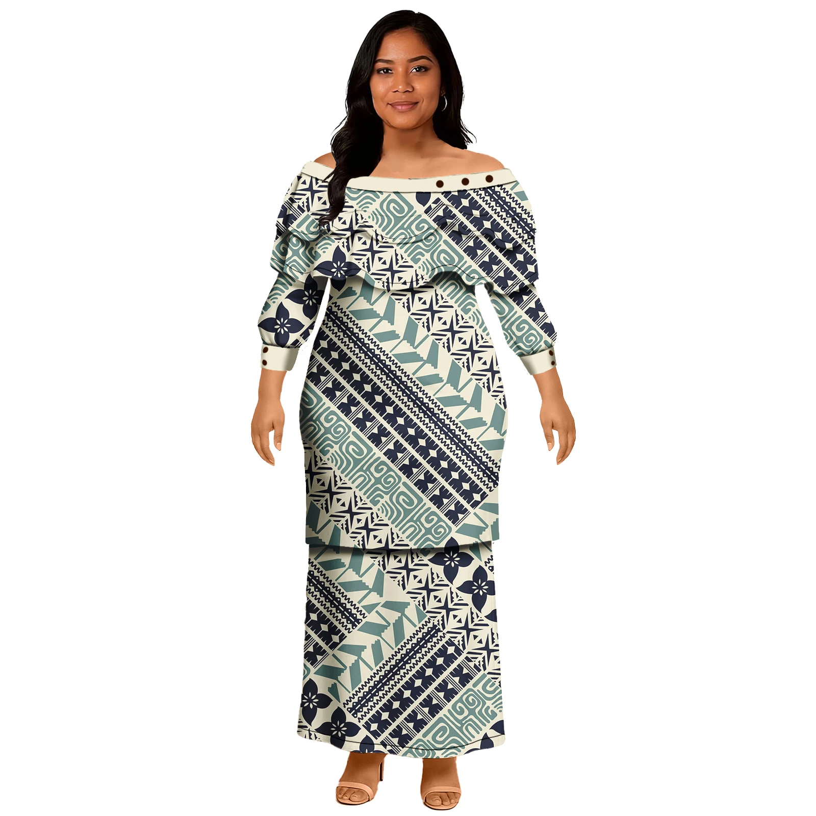 Custom Women Church Cascading Ruffle Samoan Puletasi Polynesian Tapa Tribal Design Ladies Puletasi Top and Skirts 2pc Set Dress