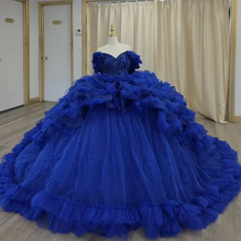 

royal blue Quinceanera Dress Lace crystal Tull decal Bow Lace layering vestidos de 15 Quinceanera ﻿Customized
