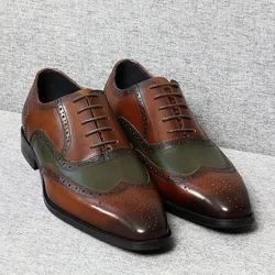 Elegant Men's Dress Shoes Natural Genuine Leather Italian Brown Green Brogue Wingtip Oxfords for Wedding Party Formal Occasions