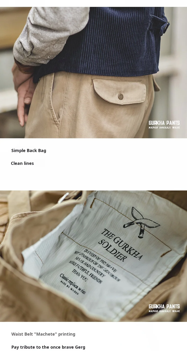 Maden Vintage Khaki Gurkha Hose, verstellbar, hohe Taille, lässige Cargo-Arbeitshose, klassische gerade Hose für Herren, Frühling und Herbst – Detail 14