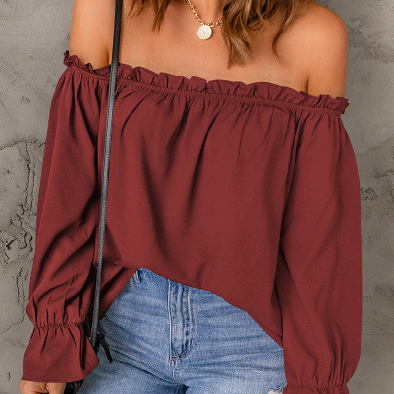 Women's New Solid Color Pullover Sexy Off Shoulder Top with a One Neck Chiffon Shirt