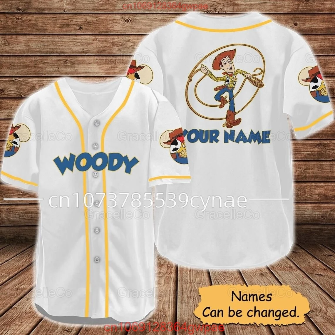 New Disney Brand Toy Story Woody Streetwear Summer Beach Party Men's Free Customized Short Sleeve Baseball Jersey