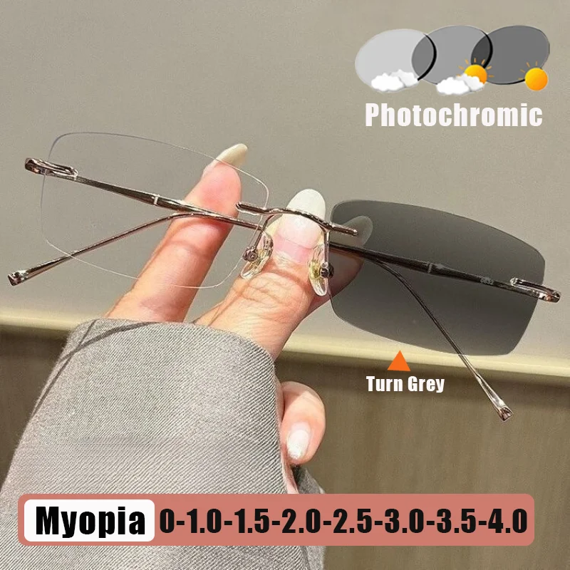 

Photochromic Frameless Myopia Glasses for Women Ultra-Lightweight Square Frames with Blue Light Protection Minus Diopter Eyewear