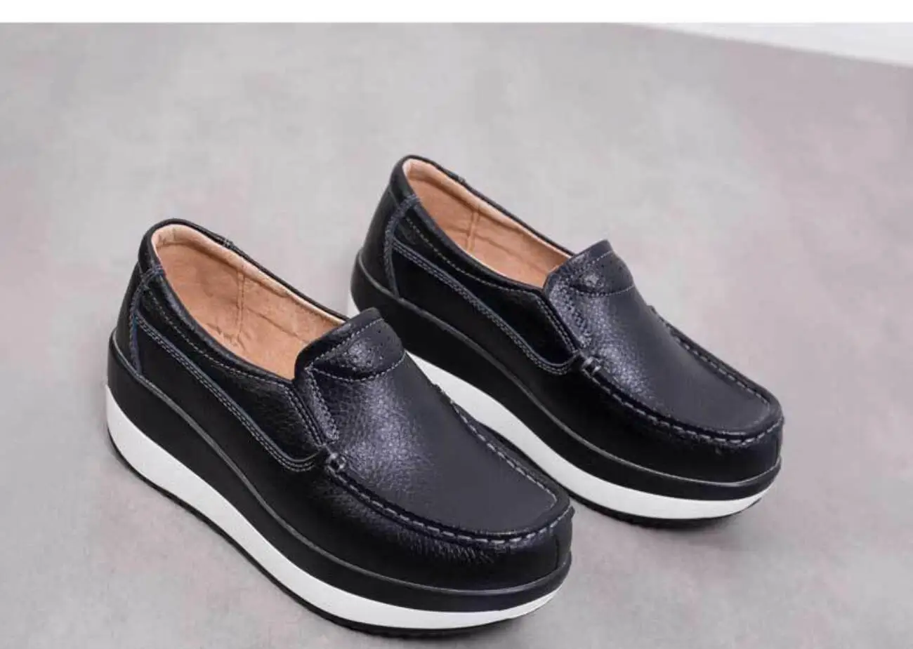 New Sexy Autumn Women Flats Platform Loafers Ladies Genuine Leather Comfort Wedge Classic Stylish thick sole Slip On Casual Shoe