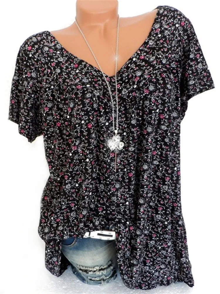 

Loose Flower Print T-Shirt Tops For Women Short Sleeve V-neck Fashion Casual Blouses Female Big Hem Pullover Office Lady Shirts