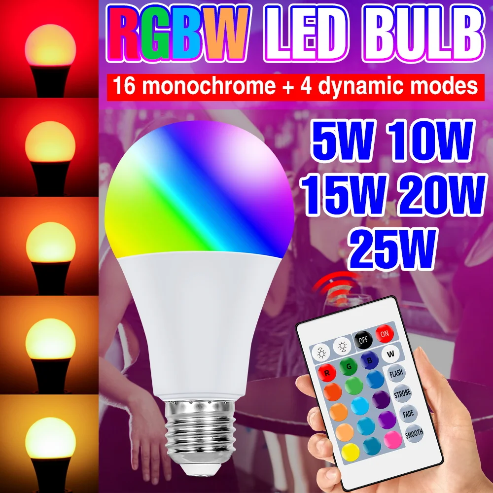 25W RGB LED Light Bulb E27 Atmosphere Lamp 16 Colours Dimmable Chandelie Bulbs 85-265V Festival KTV Bar Party Carnival Lighting