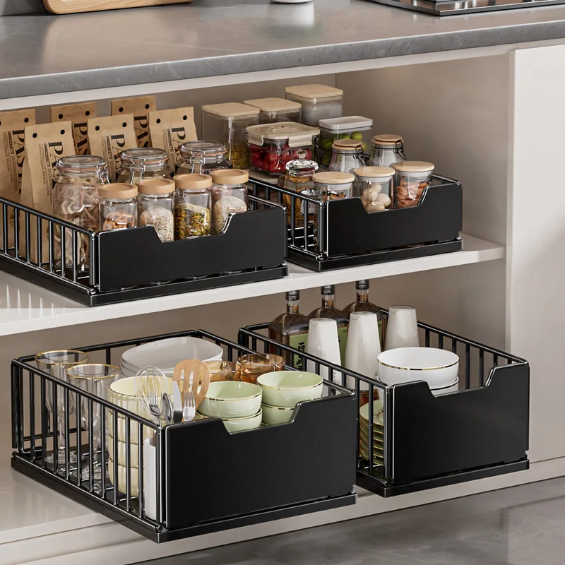 2-tier Sliding Foldable Drawer Kitchen Organizer Cabinet Under Sink Cupboard Storage Rack Spicy Bins Jars Bottles Rail Shelves