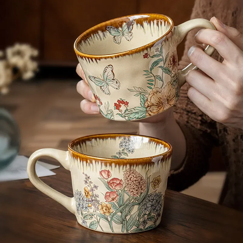 Vintage Butterfly Floral Ceramic Mug Large Capacity Coffee Tea Cup Rustic Farmhouse Botanical Drinkware
