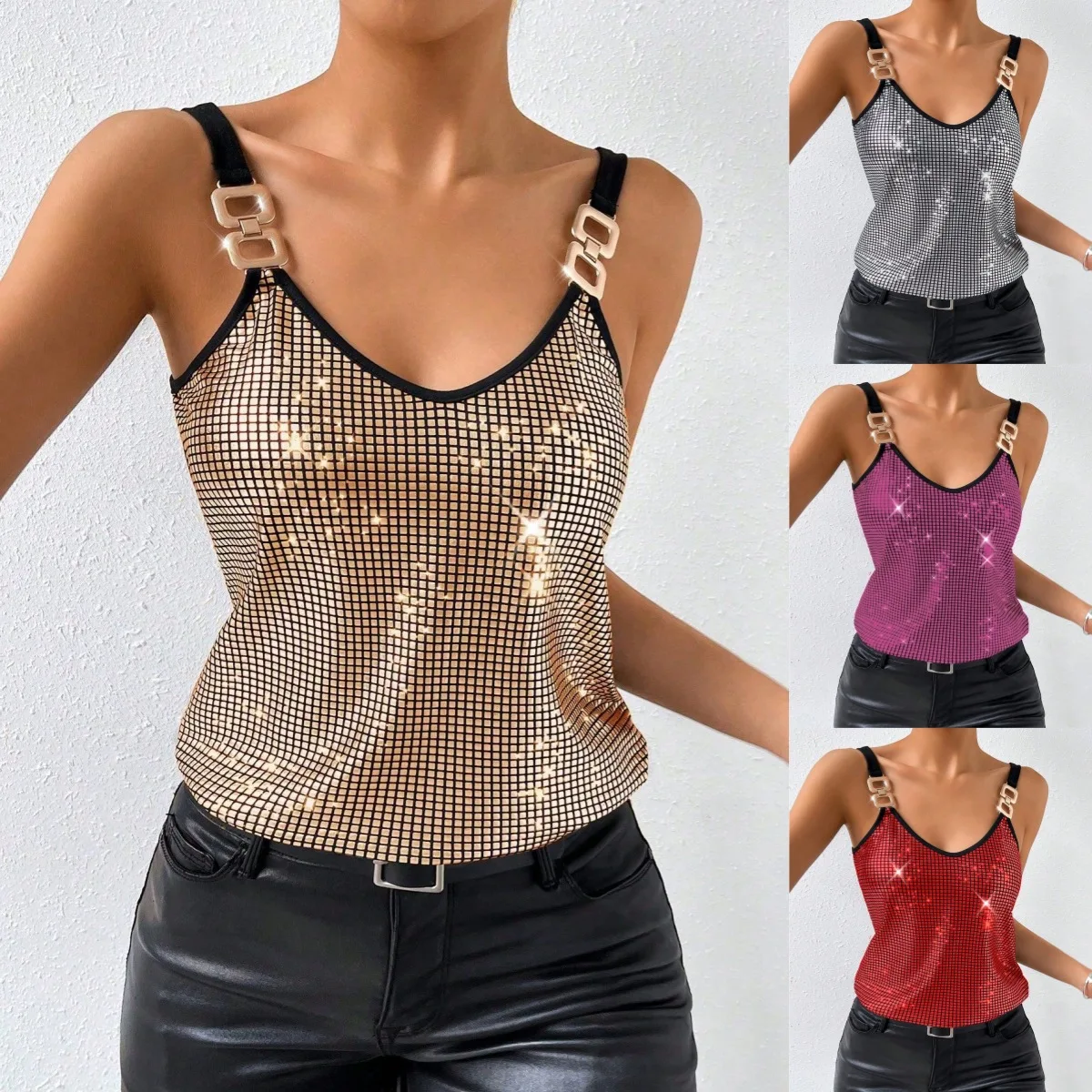 

Fashion Shiny Sequins Plaid Print Cami Tops for Woman Clothes Metal Buckle Strap V Neck Sleeveless Club Party Tank Camisole