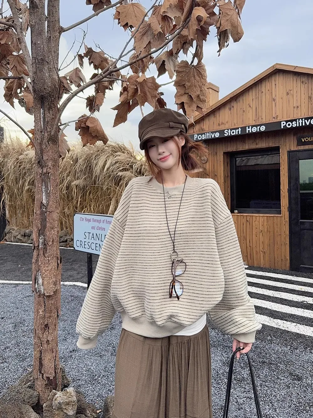 

Корейский полосатый свитшот с круглым вырезом, женский, новинка 2025 года, весна-осень, повседневный, свободный, с длинными рукавами, комфортный крой