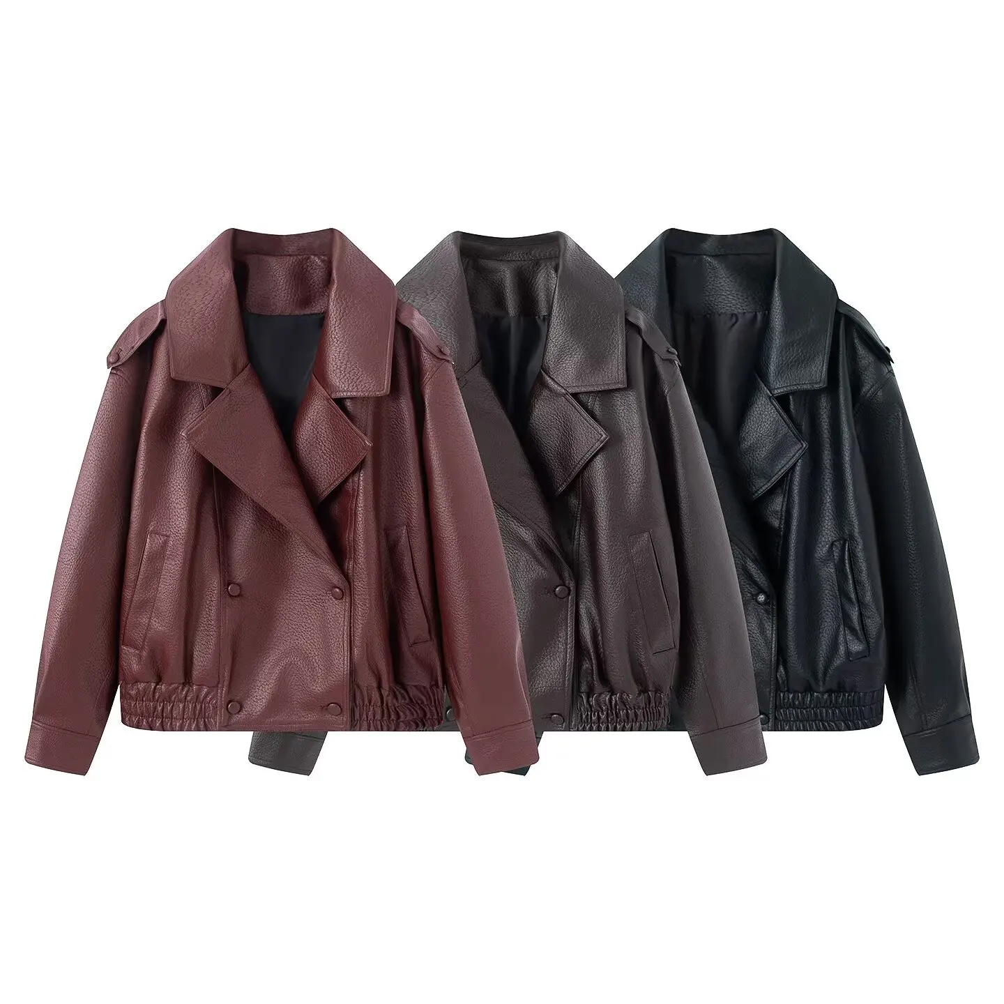 

KIDCRKJ Street Women Spring Leather Coat Pure Color Turn Down Collar Elastic Hem Lady Outwear Minimalist Office Female Jacket