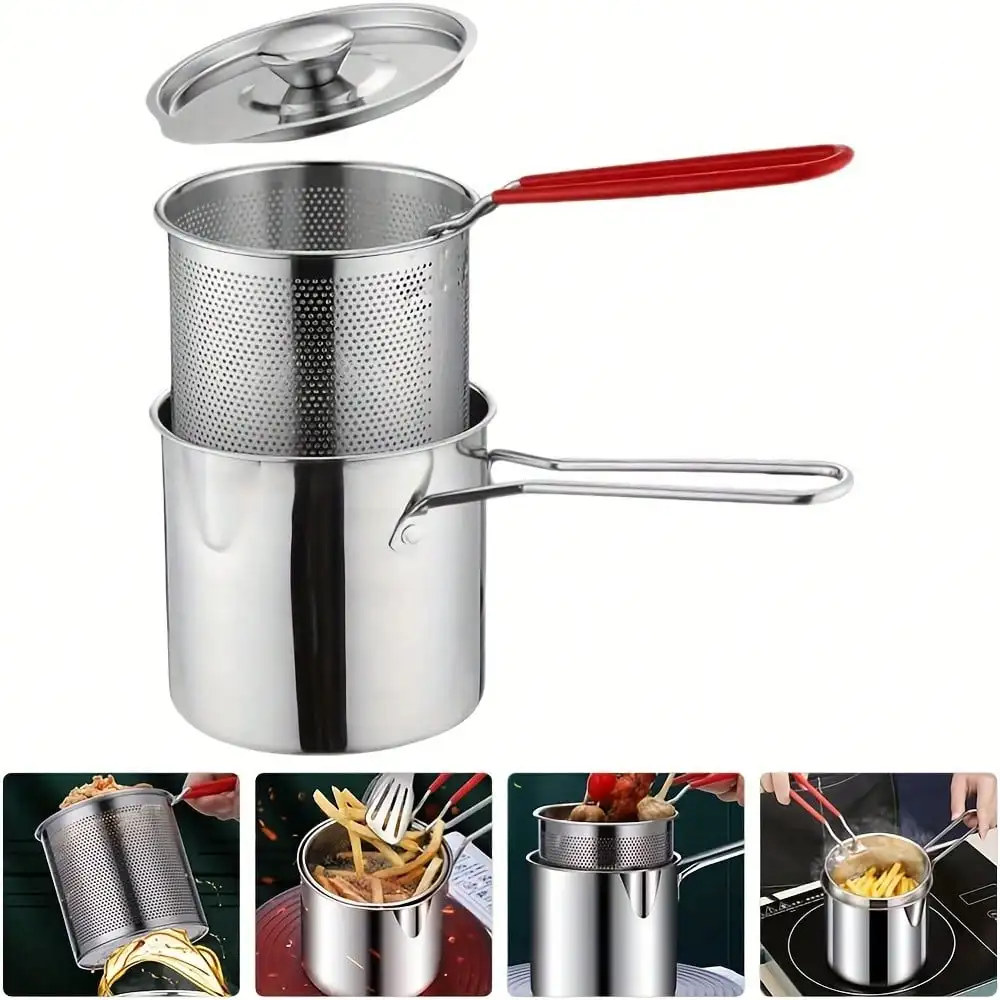 Juego de freidora de acero inoxidable de 3 piezas con filtro, perfecto para cocina casera y restaurante, uso de tempura, patatas fritas y pollo