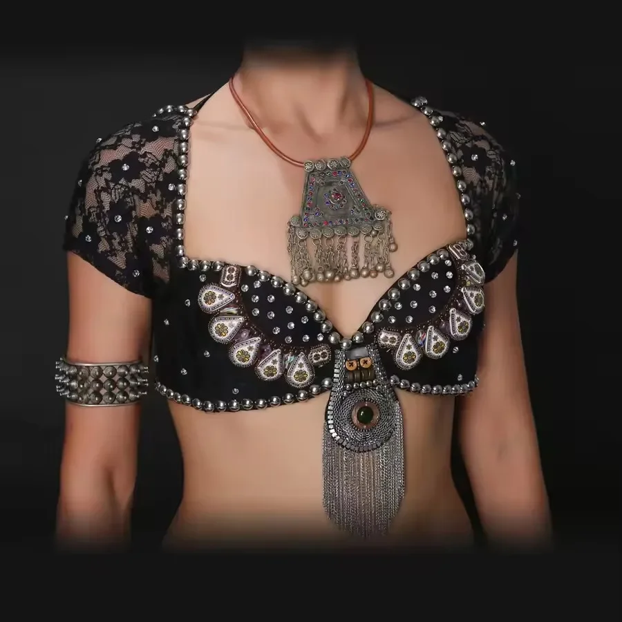Preto profissional dança do ventre traje tribal punk antigo bronze contas de metal corrente sutiã e cinto
