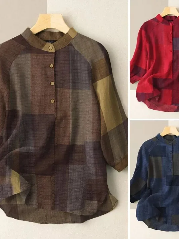 Sciolto lungo Sve scozzese da donna irt Top Street Sle Spring Faion Casual rotondo Ne Lunghezza regolare Altro materiale