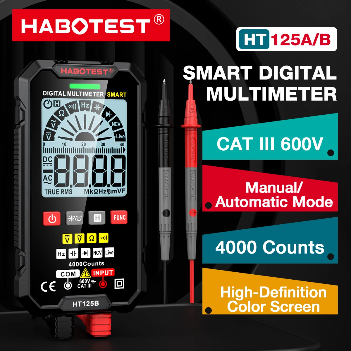 

HABOTEST HT125 Smart Multimeter Digital AC DC 600V Voltage Meter TRMS Ohm Hz Capacitor Continuity Tester Mulitmetro Voltmeter