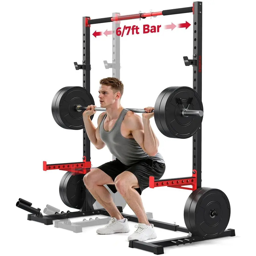 Squat Rack with PullUp Bar, Adjustable MultiFunctional Power Rack, Inner Width Squat Rack Stand Suitable for 6FT,7FT Barbell