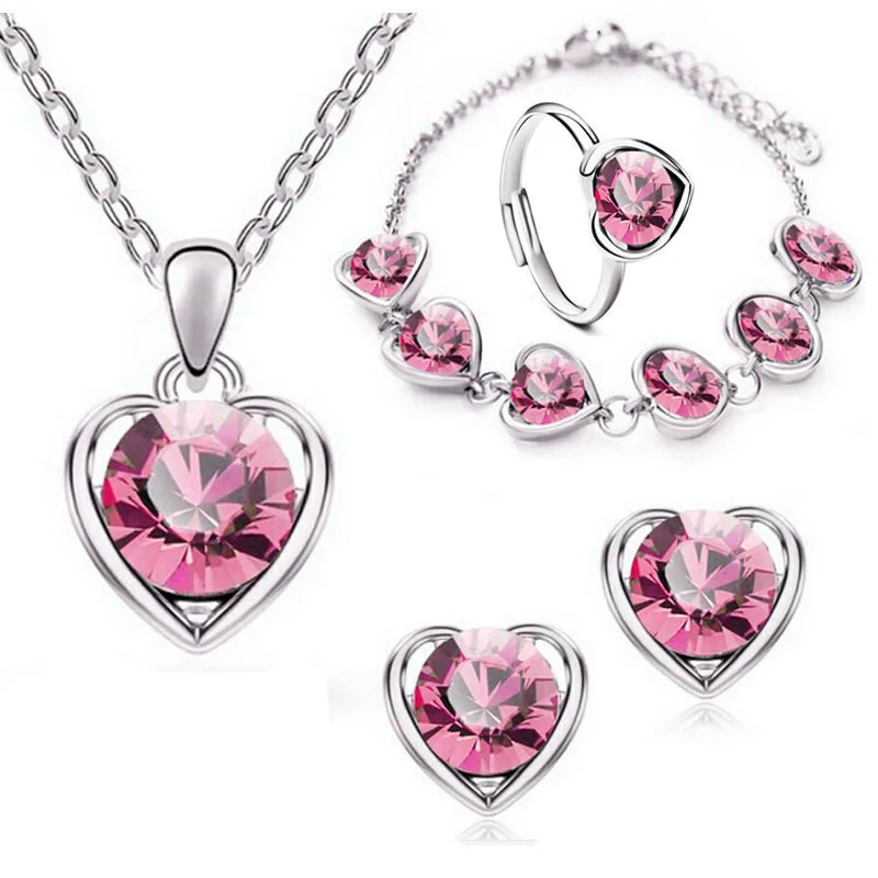 Exquisite Personality Four-piece Jewelry Fashion Heart-shaped Necklace Earrings Bracelet Ring Wedding Classic Photo Gift