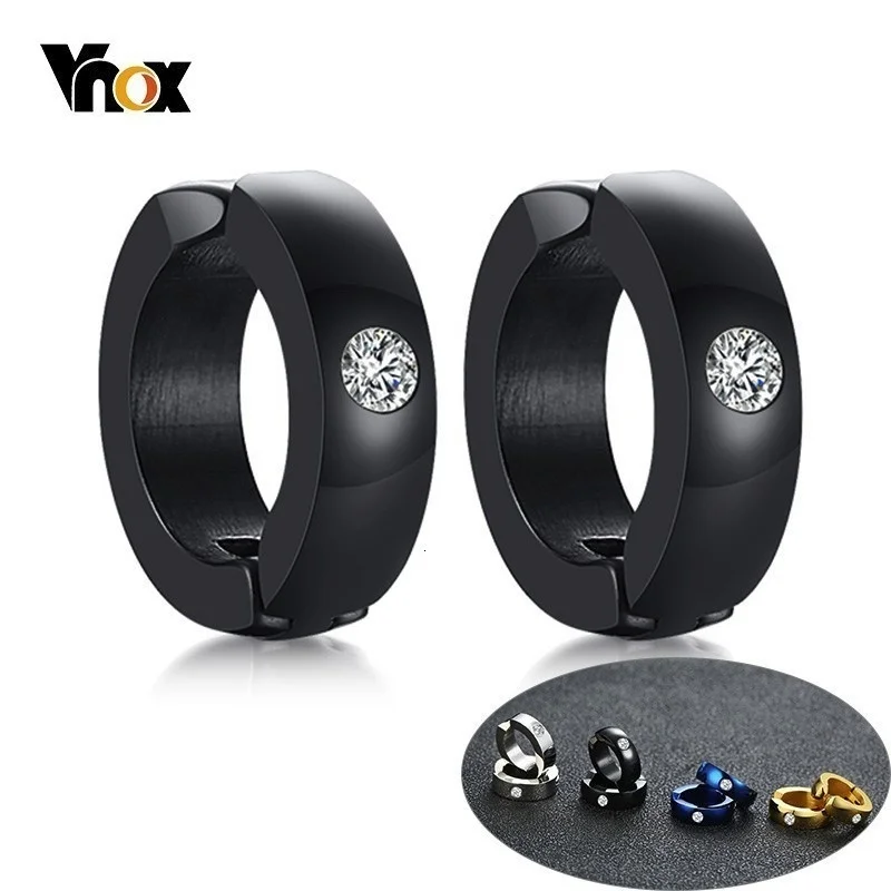 Vnox Small Hoop Earrings for Women Men Stainless Steel Circle with AAA CZ Stone Punk Boy Jewelry Brincos Clip/Pin for Options