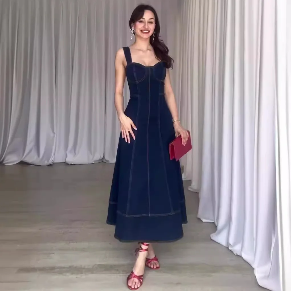 Women Dresses Square Collar Sexy Denim Camisole Dress Vestidos Loose Fit Spliced Washed Vintage 2024 Summer High Street