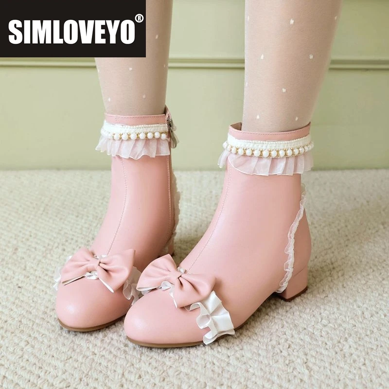 

SIMLOVEYO Милые ботинки для девочек в стиле Лолиты с круглым носком и блочным каблуком 3 см на молнии с жемчужным бантом, маленький размер 30 31 32 Daily Ankle Bota