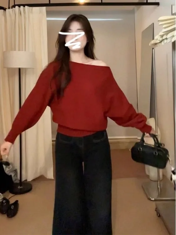 Ele vermelho malha um ombro camisola feminina faionable interior wear coreano sle outono inverno thiened longo sve topo