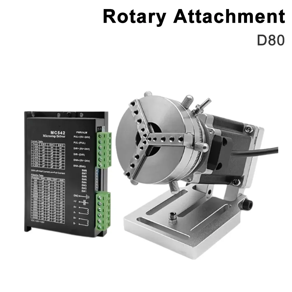 D80 Rotary Attachment with 3 Jaw Chuck Optional DM542 Driver for UV CO2 Fiber Laser Marking Machine