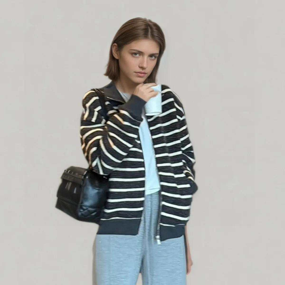 CiCi 2025 خريف شتاء جديد سويتر مقلم سترة معطف المرأة موضة البوليستر ملابس خارجية للاستخدام اليومي ملابس الشارع الشهير #3