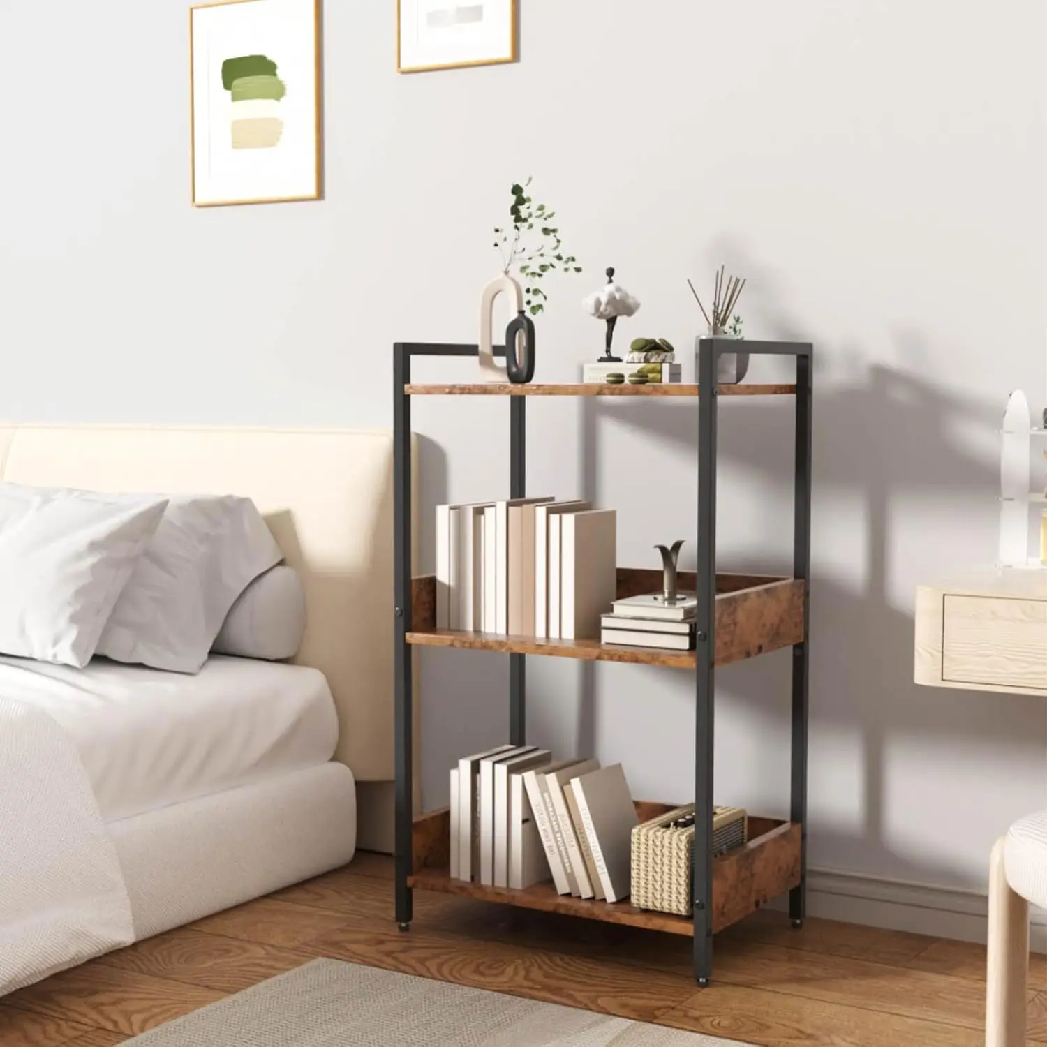 Bookshelf, 3 Tier Industrial Small Book Shelf, Small Storage Bookcase with Organizer, Freestanding Open Shelf for Small Spaces