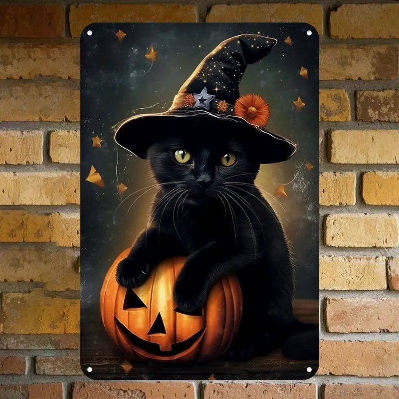 Vintage Halloween Black Cat on Pumpkin Metal Tin Sign - ch Iron Wall Art with Whimsical Witch Hat & Starry Night Design, Durabl
