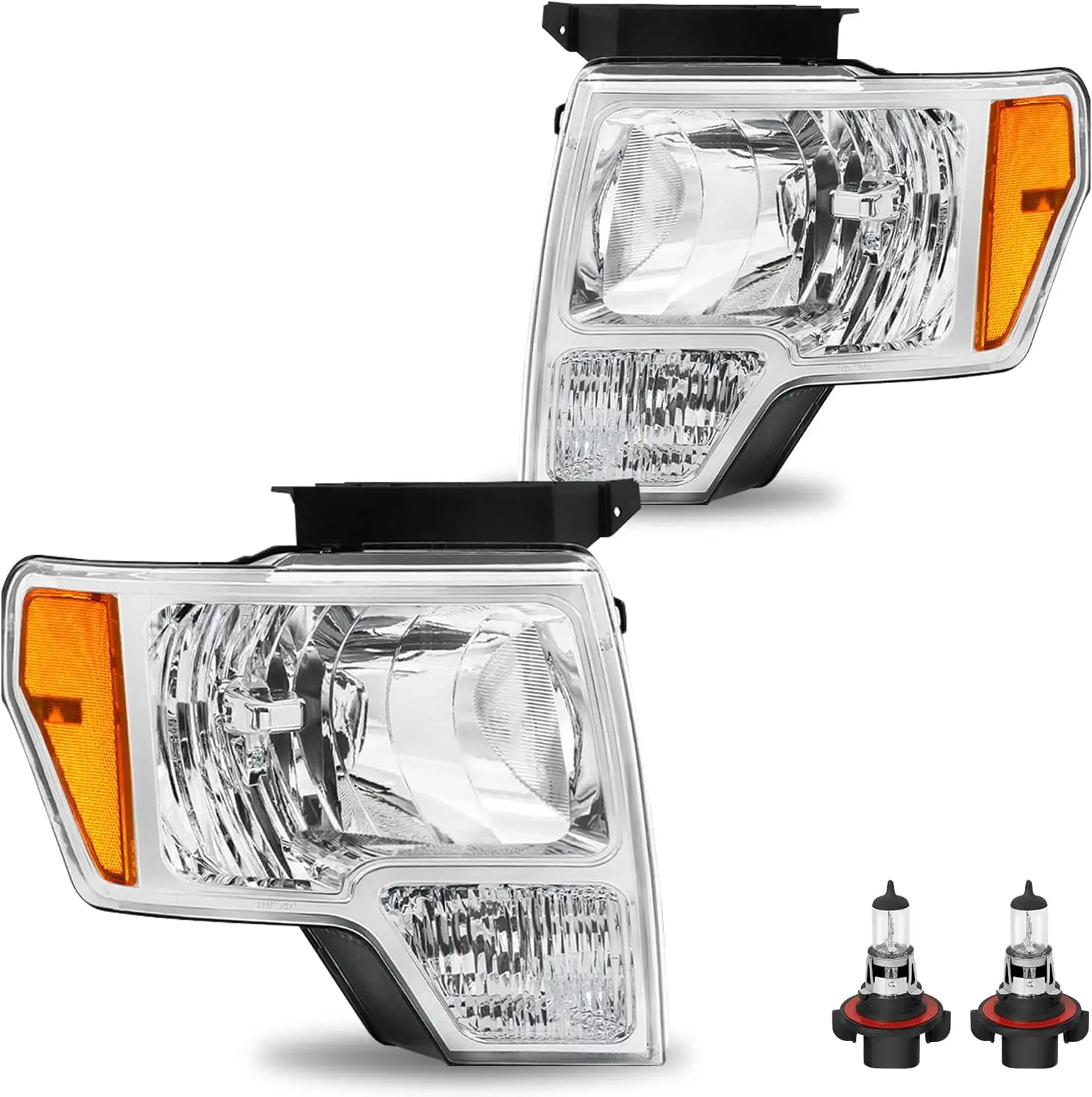 

Headlight Assembly w/Bulbs Compatible with 2009 2010 2011 2012 2013 2014 Ford F150 (Chrome Housing & Amber Reflector)