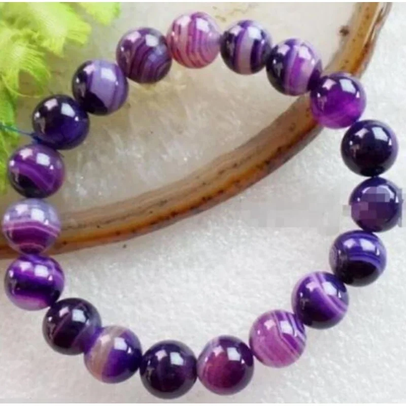 

new hot 10mm Natural Purple Striped Agate Round Gems Beads Stretch Bracelet 7.5inch