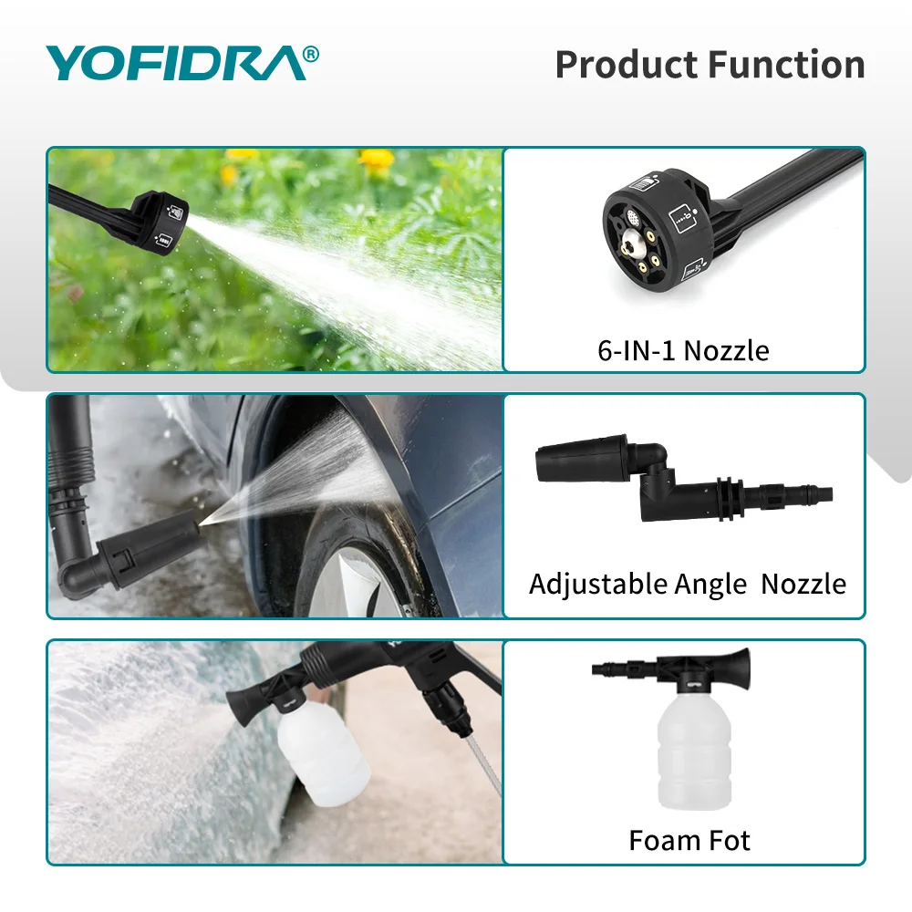 YOFIDRA 6IN1 200Bar Bürstenloser Hochdruck-Autowascher Wasserpistole Haushaltsreiniger Waschsprühpistole für Makita Akku – Detail 6