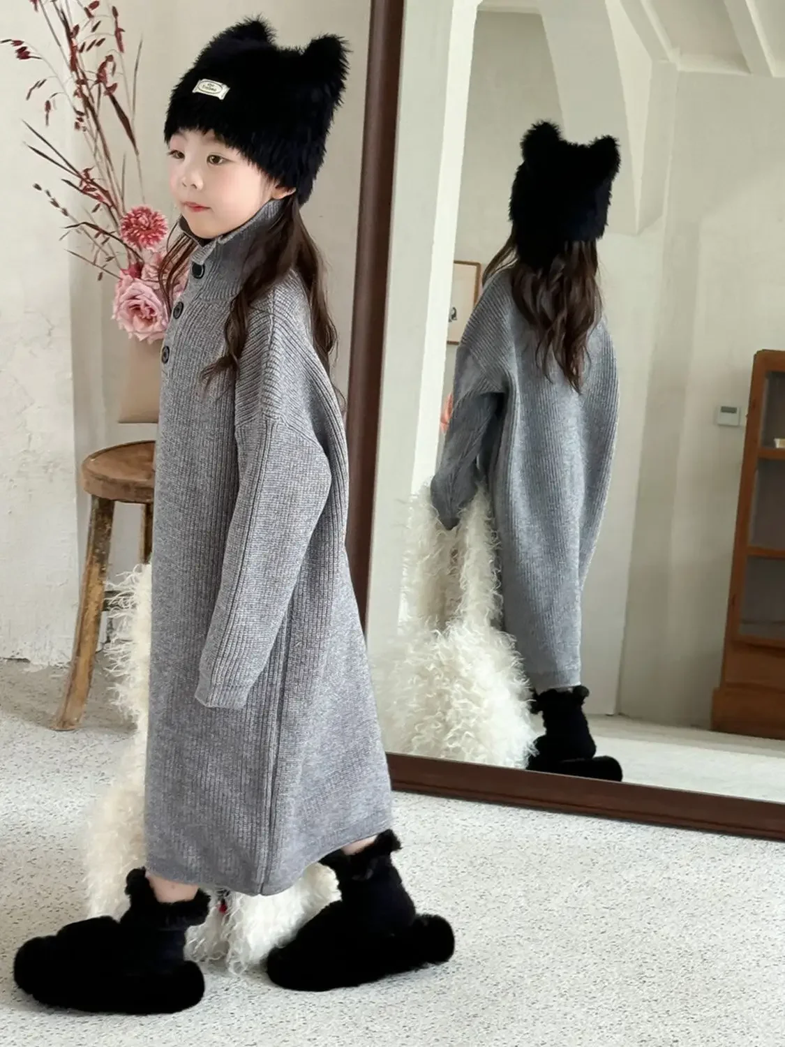 2026 Autumn Winter Girls Korean Style Grey Knit Dress Loose Sweater Dress Kids Clothing