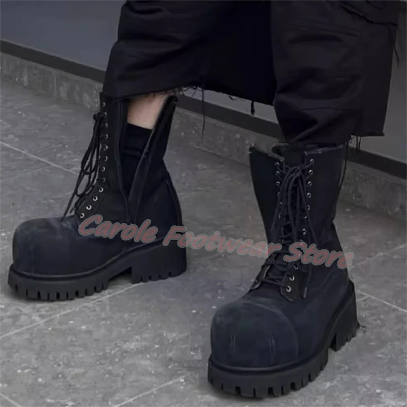 Retro Denim Big Head Cross-Tied Strap Ankle Boots for Men Chunky Bottom Height Increasing Motorcycle Boots Male Leisure Shoes