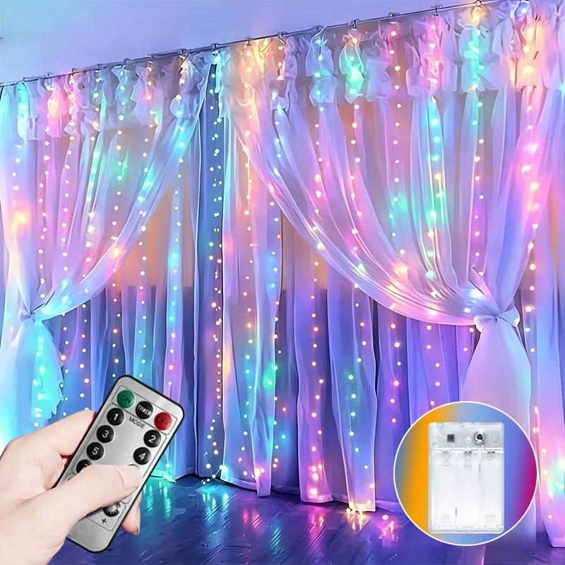 LED Window Curtain Lights with Remote Control Warm White Colorful Lighting 8 Modes Flash Wave Design for Party Holiday Decor